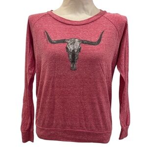 Heathered Red Longhorn Skull Graphic Sweatshirt Western Cowgirl Top Small